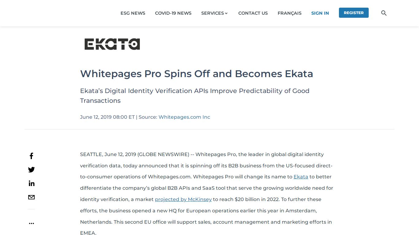 Whitepages Pro Spins Off and Becomes Ekata - globenewswire.com